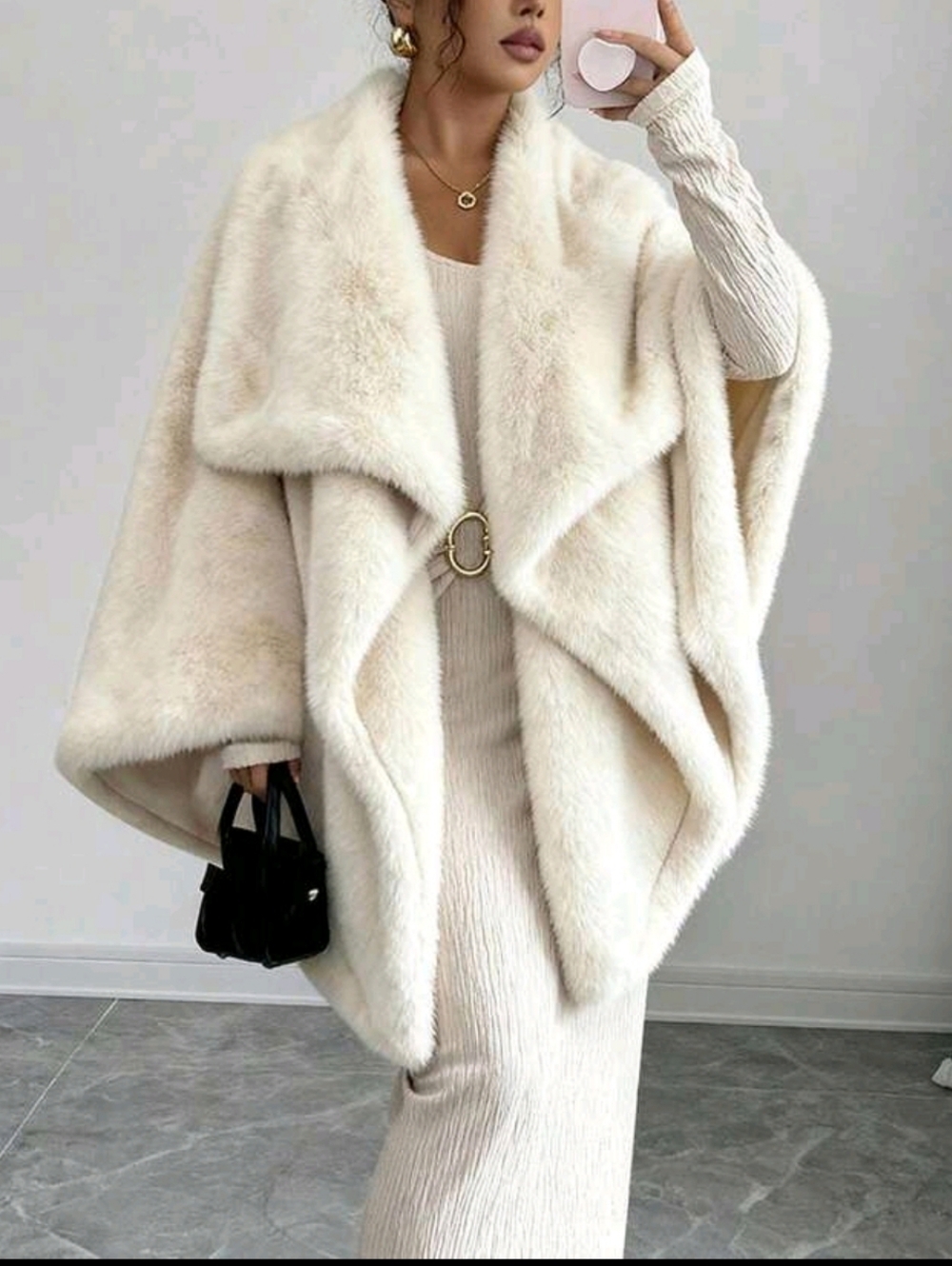 Cozy Cream Faux Fur Draped Cape Sweater
